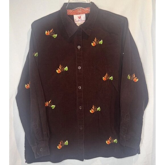 VTG Quacker Factory Brown Corduroy Leaf Embroidery Long Sleeve Blouse Top Sz M - Picture 1 of 7